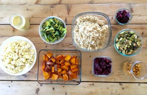 table of batch cooked food in different containers
